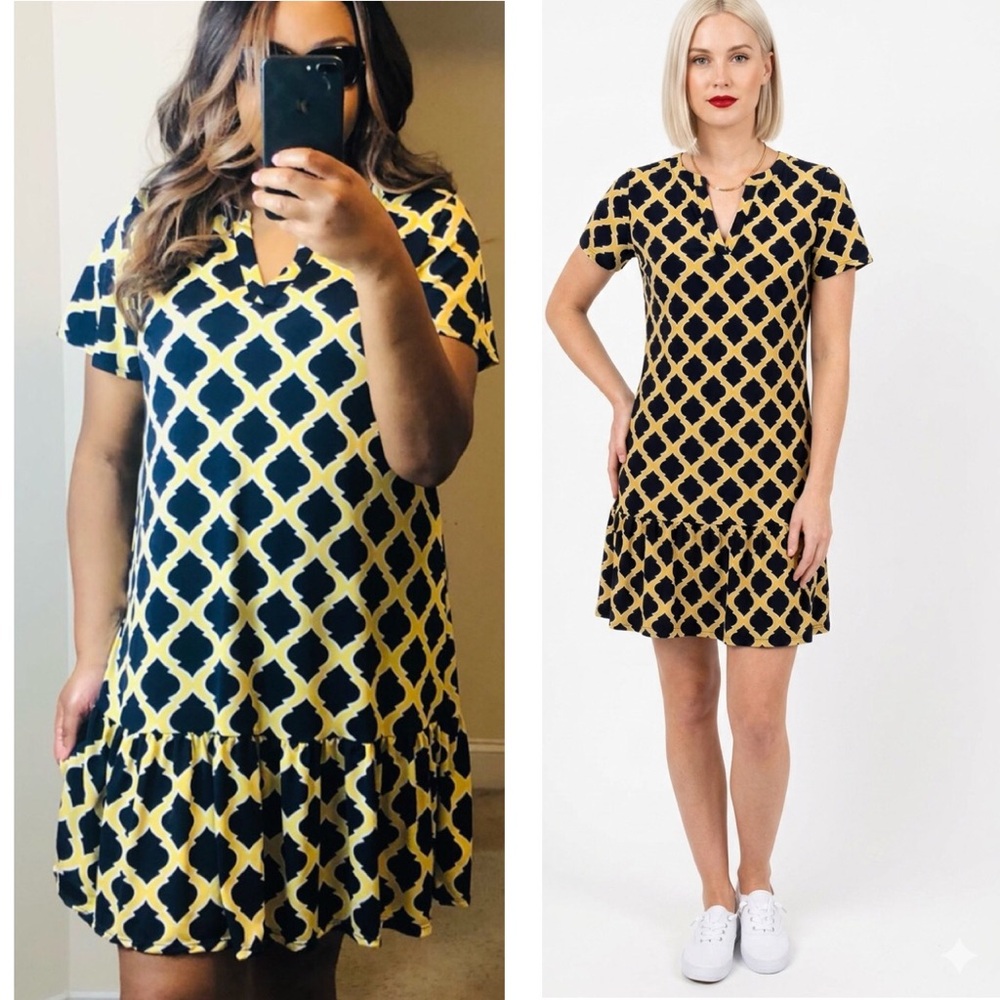 AGB Geometric Trellis Yellow Blue Honeycomb Short sleeve Ruffle Bottom Mini
